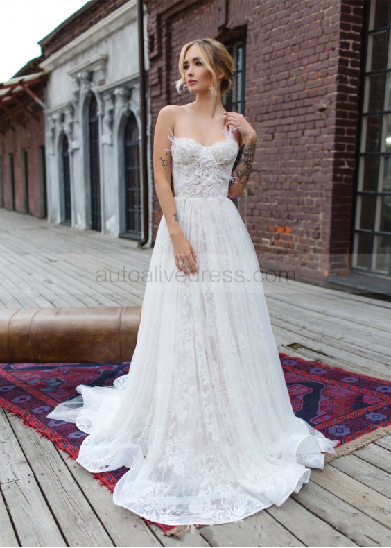 Beaded Ivory Lace Feather Fairytale Wedding Dress